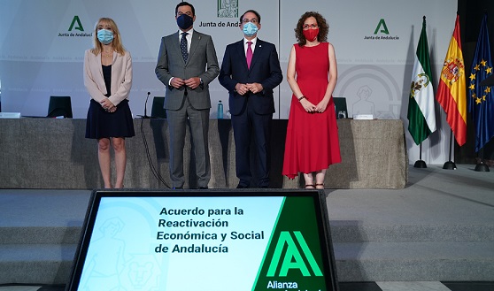 Moreno sella con los agentes sociales un acuerdo histórico para la reactivación económica y social de Andalucía ante la crisis del Covid-19.