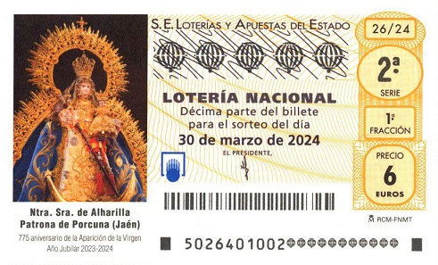 La Virgen de Alharilla protagoniza el décimo de Lotería Nacional de este próximo sábado.
