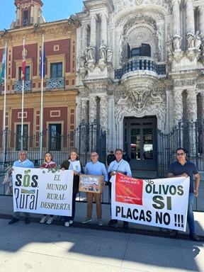 SOS Rural y Campiña Norte entregan más de 55.000 firmas en la sede del Parlamento andaluz contra la tala de 500.000 olivos centenarios para instalar megaplantas solares.
