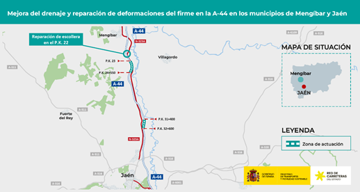 Transportes adjudica por 10,9 millones de euros las obras para reparar el firme de la A-44 entre Mengíbar y Jaén.