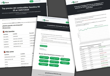 FACUA lanza una web para ayudar a los consumidores a encontrar las gasolineras más baratas, comparar precios y conocer su evolución.