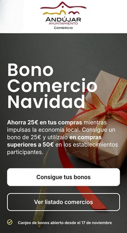Arranca en Andújar la campaña del Bono Comercio para impulsar las compras navideñas.