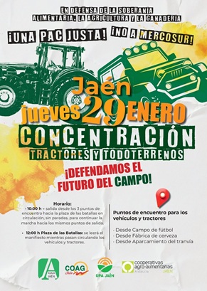 Organizaciones agrarias y cooperativas hacen un llamamiento a todos los jiennenses para defender el futuro de la alimentación el próximo 29 de enero.